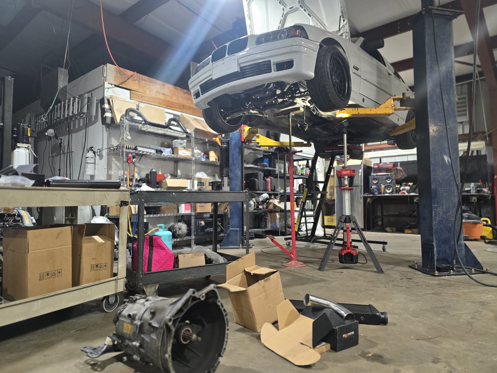 Transmission out for a clutch job on a BMW