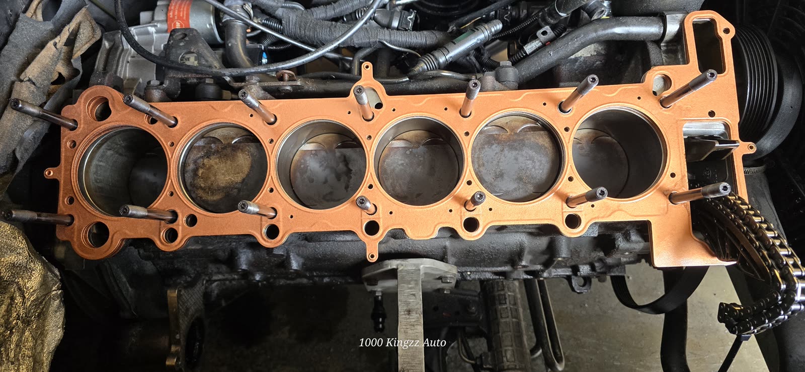 BMW inline-six block with the head off
